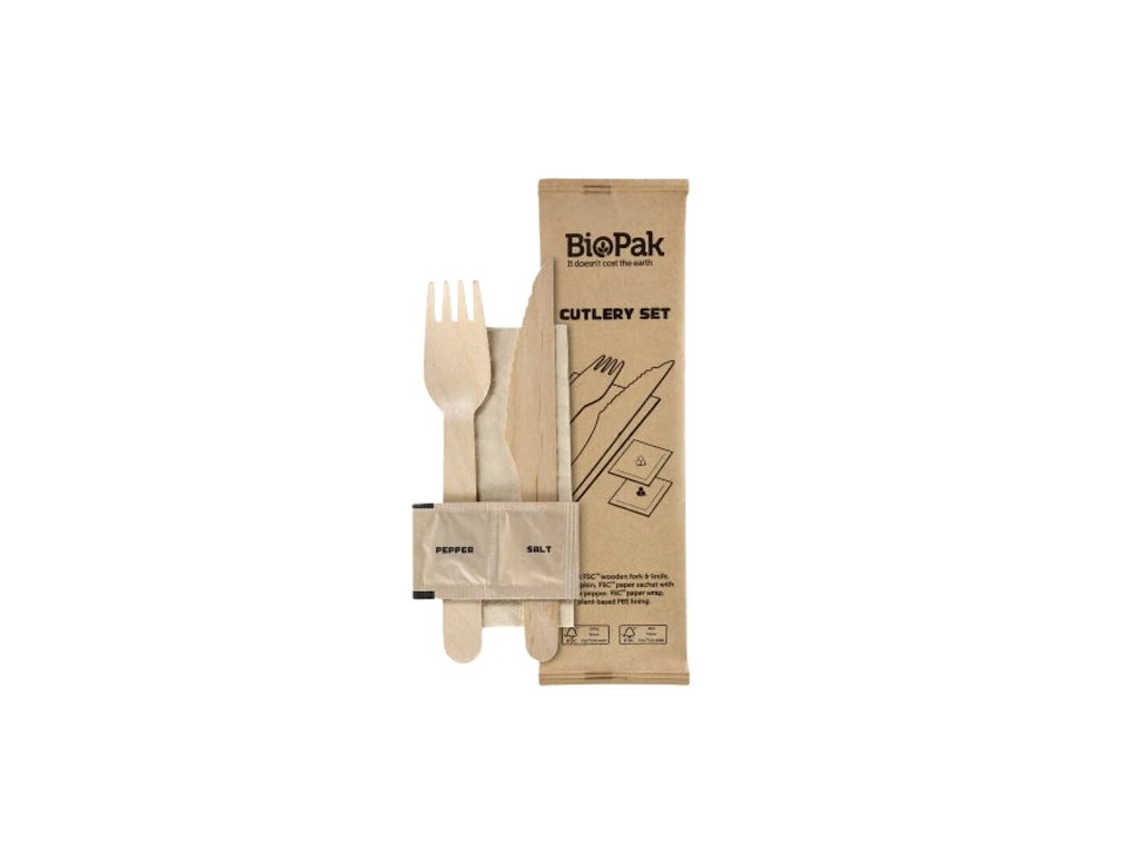 Bestikpose 5/1 med træ kniv/gaffel/serviet/salt/peber