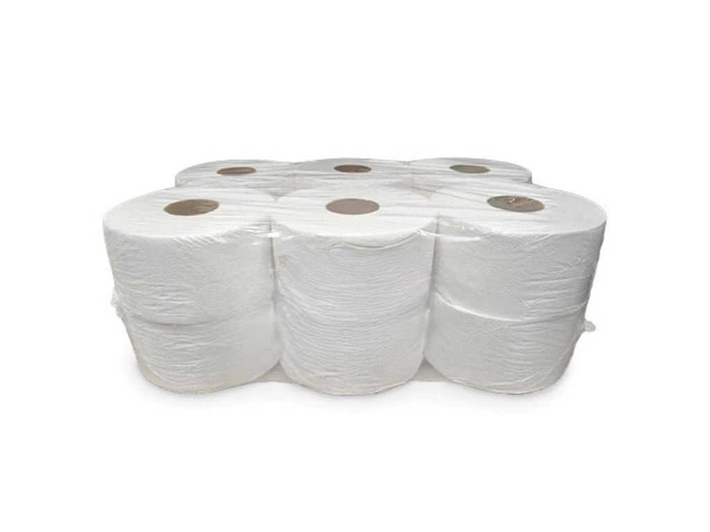 Jumborulle, toiletpapir, 2-lags, Mini, 180m, hvid, 100% nyfiber, (12 ruller.)