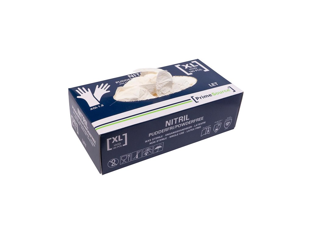 Undersøgelseshandske Engangs Prime Source str XL uden Pudder Nitril AQL 1.5 Hvid