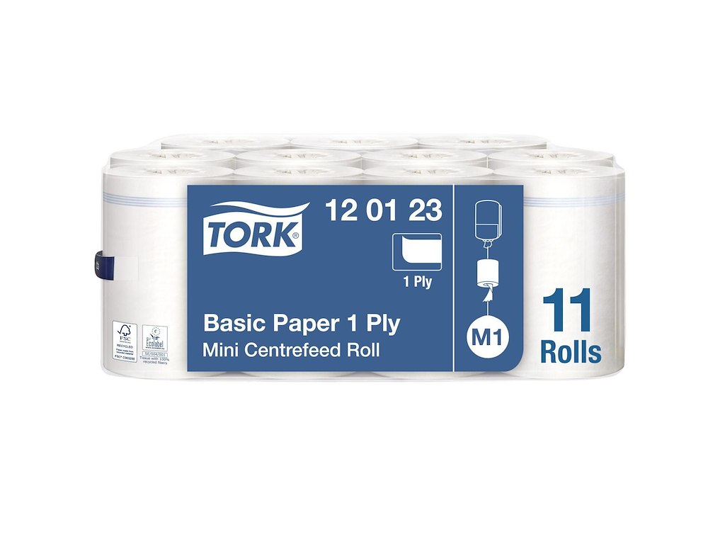 Håndklæderulle Tork Basic Mini M1 1-lag Ø14xB21.5cmxL120m U/Hylse Mix Hvid