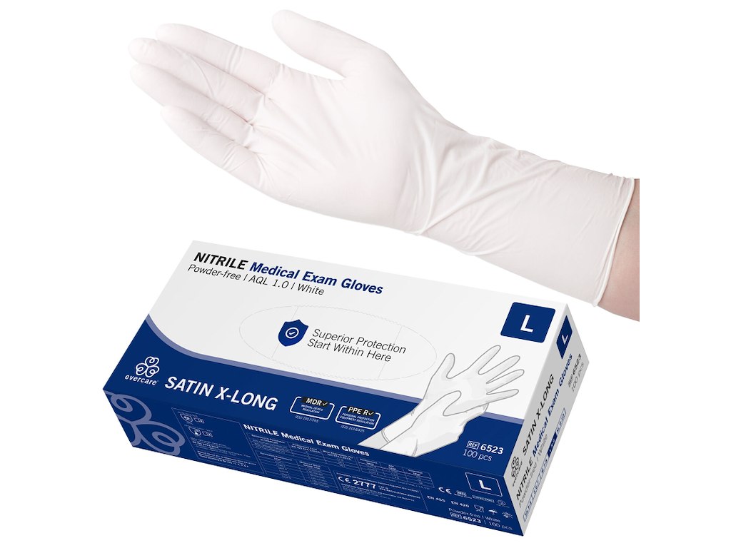 Undersøgelseshandske Engangs Satin Lang Str L Nitril uden Pudder Hvid AQL 1.0