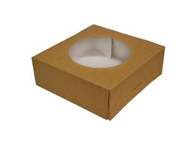 Kageæske hængslet låg høj L230xB230xH80mm pap/plast med rund rude brun/hvid