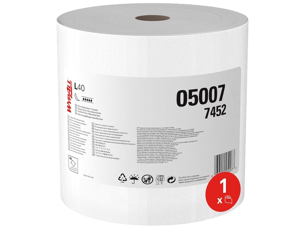 Aftørringsrulle Industri Wypall L40 1-lag Perfo. Ø41xB34cmxL255m Nyfiber Hvid