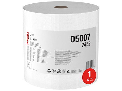 Aftørringsrulle Industri Wypall L40 1-lag Perfo. Ø41xB34cmxL255m Nyfiber Hvid