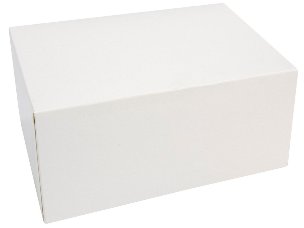 Kageæske hængslet låg høj L180xB130xH80mm pap med åben front uden rude hvid