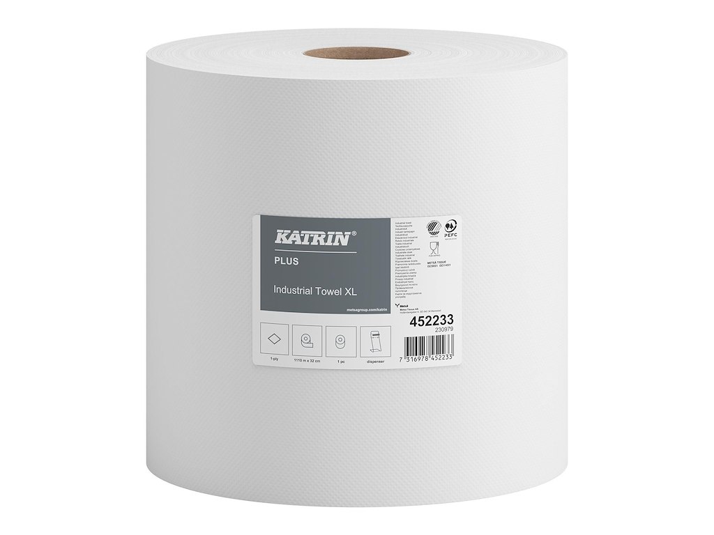 Aftørringsrulle Industri Katrin Plus 1-lag Ø37cm B32cmxL1110m Nyfiber Hvid