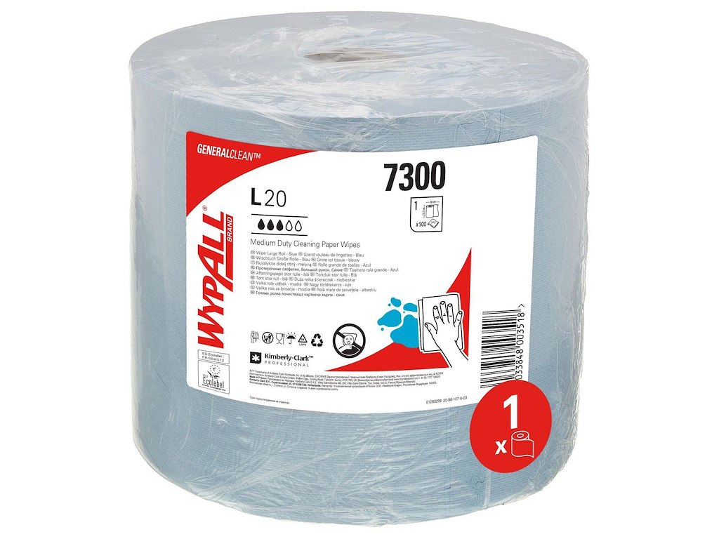 Aftørringsrulle Industri Wypall L20 2-lag Perfo. Ø26.5xB23.5cmxL190m Genbrug Blå