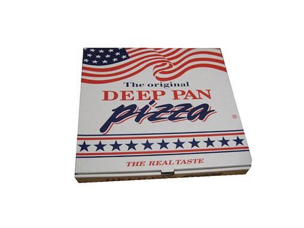 Pizzaæske 29x29x4.5 cm hvid med tryk Deep Pan Pizza