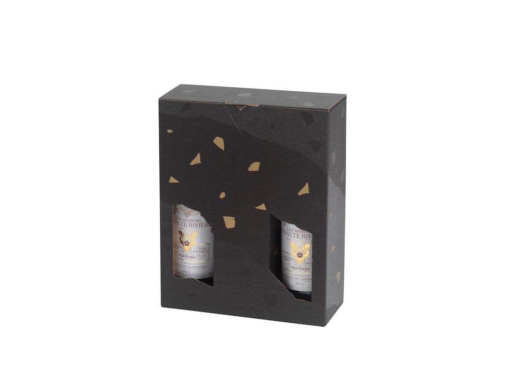 Vinkarton L24.6xB8.5xH36cm Pap med med vindue sort til 3 flasker