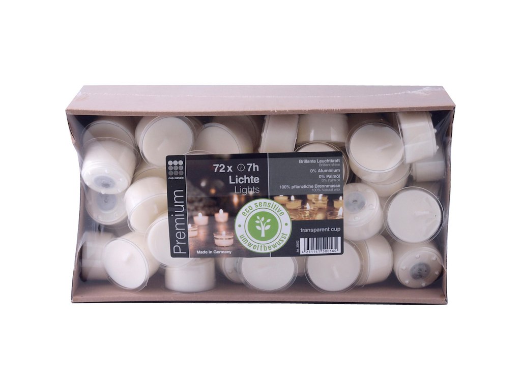 Fyrfadslys Brændetid 7 timer neutral voks fra rapsolie i Plast Klar