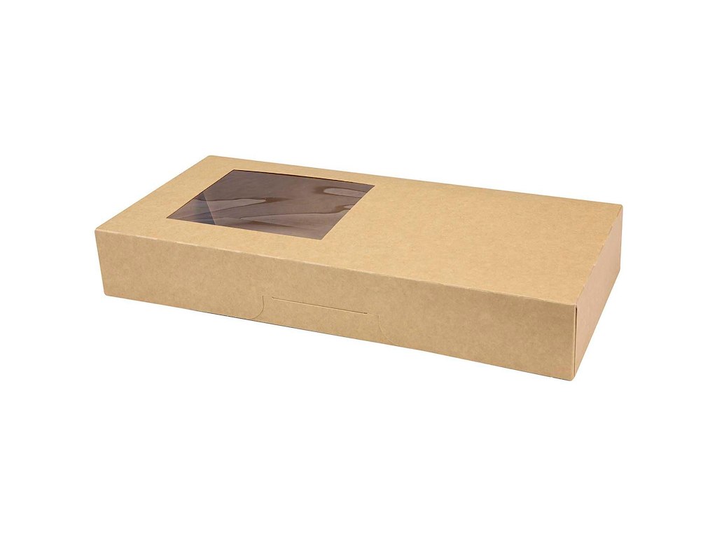 Kageæske/Sushiæske hængslet låg L320xB150xH50mm pap med PE og rude i siden brun