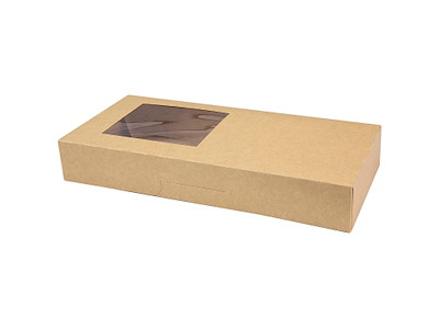 Kageæske/Sushiæske hængslet låg L320xB150xH50mm pap med PE og rude i siden brun