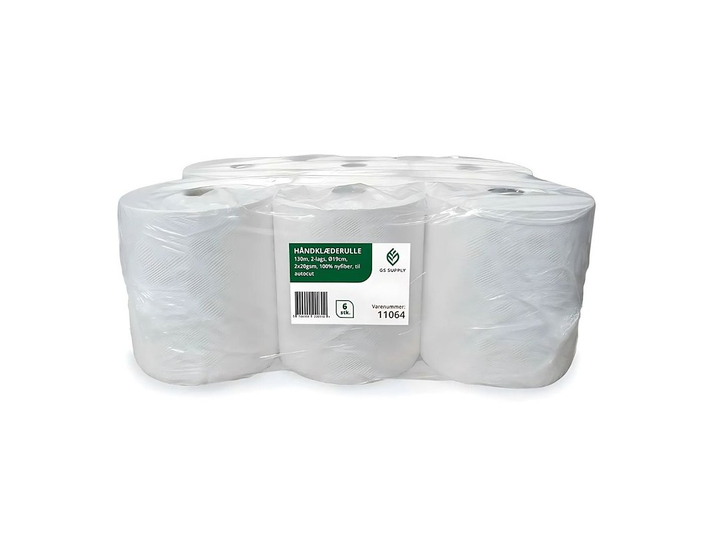 Håndklæderulle, GS-Basic, 2-lags, 130m x 20,3cm, ø19cm, hvid, autocut, 100% nyfiber, (6 stk.)