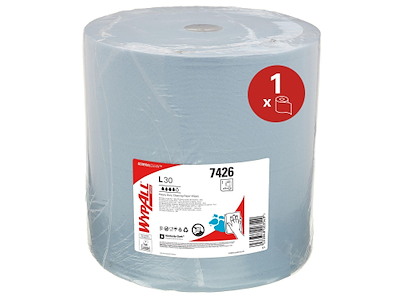 Aftørringsrulle Industri Wypall L30 3-lag Perfo. Ø37.5xB37cmxL285m Genbrug Blå