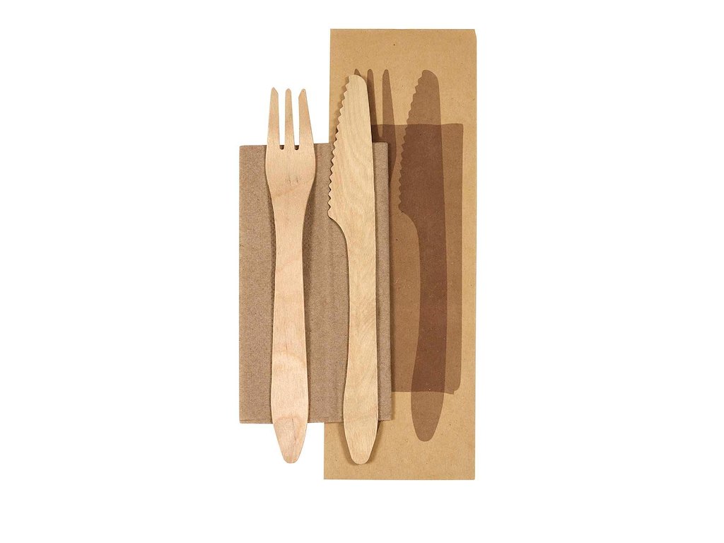 Bestikpose træ 3/1 med 190mm kniv/gaffel/serviet voksbehandlet Bionedbrydelig