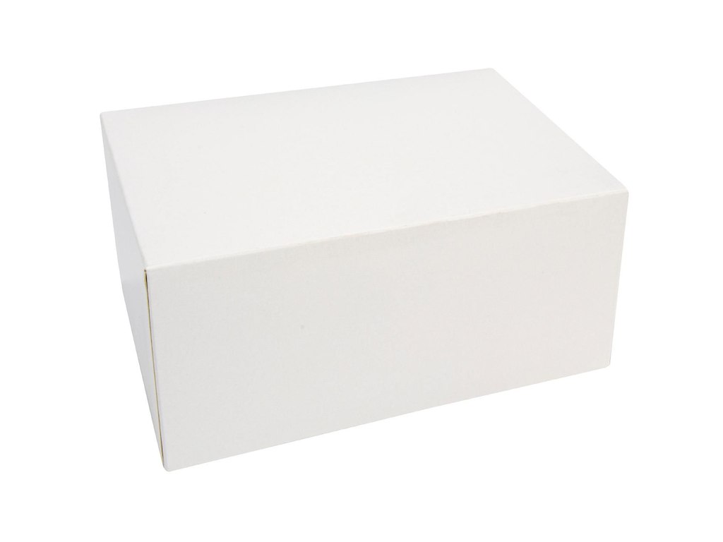 Kageæske hængslet låg høj L160xB110xH95mm pap med åben front uden rude hvid