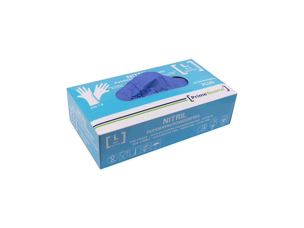 Handske Engangs Prime Source str L uden Pudder Acceleratorfri Blå AQL 1.5