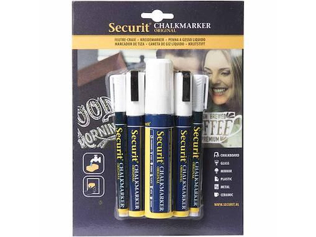 Tuschpen Sæt 5 stk Securit tyk 1-15 mm Vandfast hvid