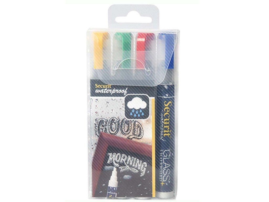 Tuschpen 4 stk Securit medium 2-6 mm Vandfast Rød/Blå/Gul/Grøn