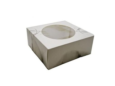 Kageæske hængslet låg S-Line L190xB190xH80mm pap med rude i PLA hvid/grå