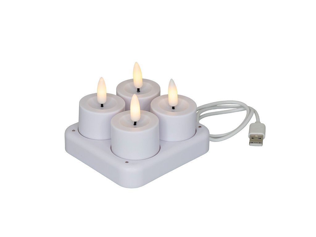 LED-Fyrfadslys 4 stk genopladelig Ø4,1xH5cm hvid med ladestation