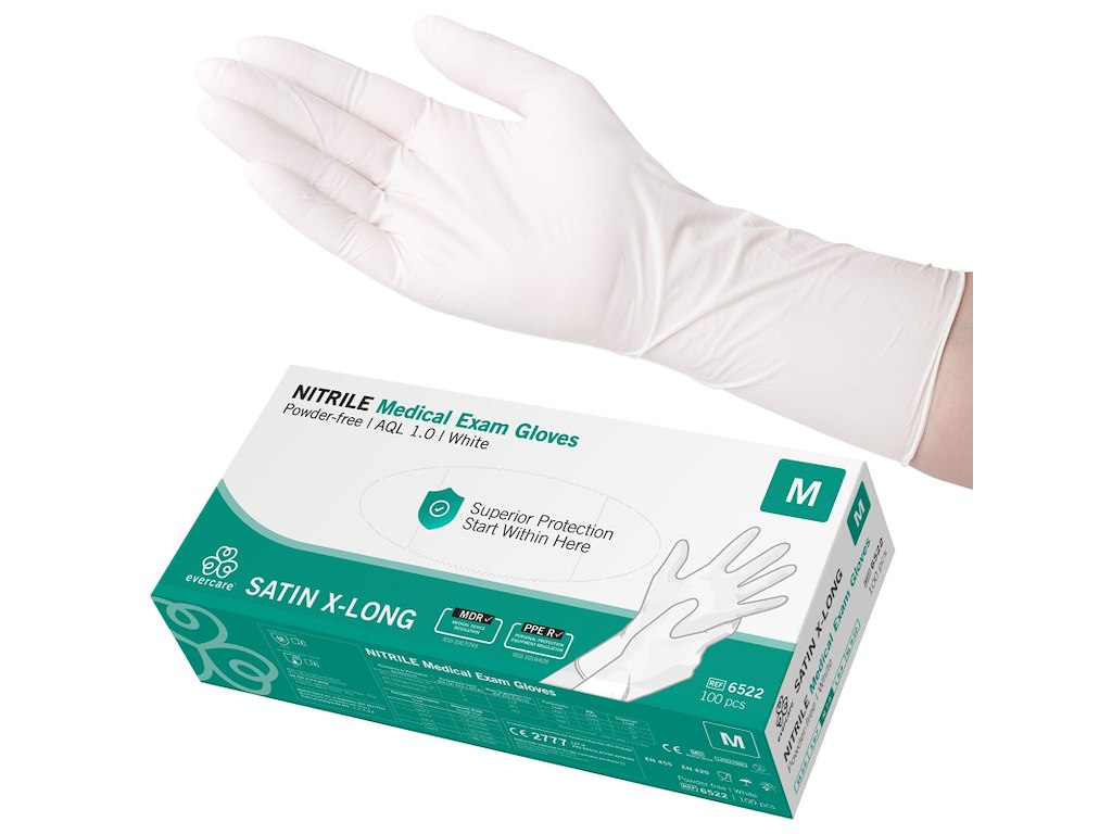 Undersøgelseshandske Engangs Satin Lang Str M Nitril uden Pudder Hvid AQL 1.0