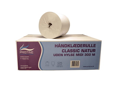 Håndklæderulle Pristine Classic 1-lag Ø20xB20cmxL300m U/Hylse Genbrug Natur