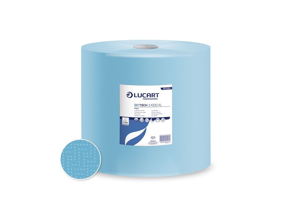 Aftørringsrulle Industri Lucart SkyTech XL 3-lag Ø37.5cm B36cmxL360m Genbrug Blå