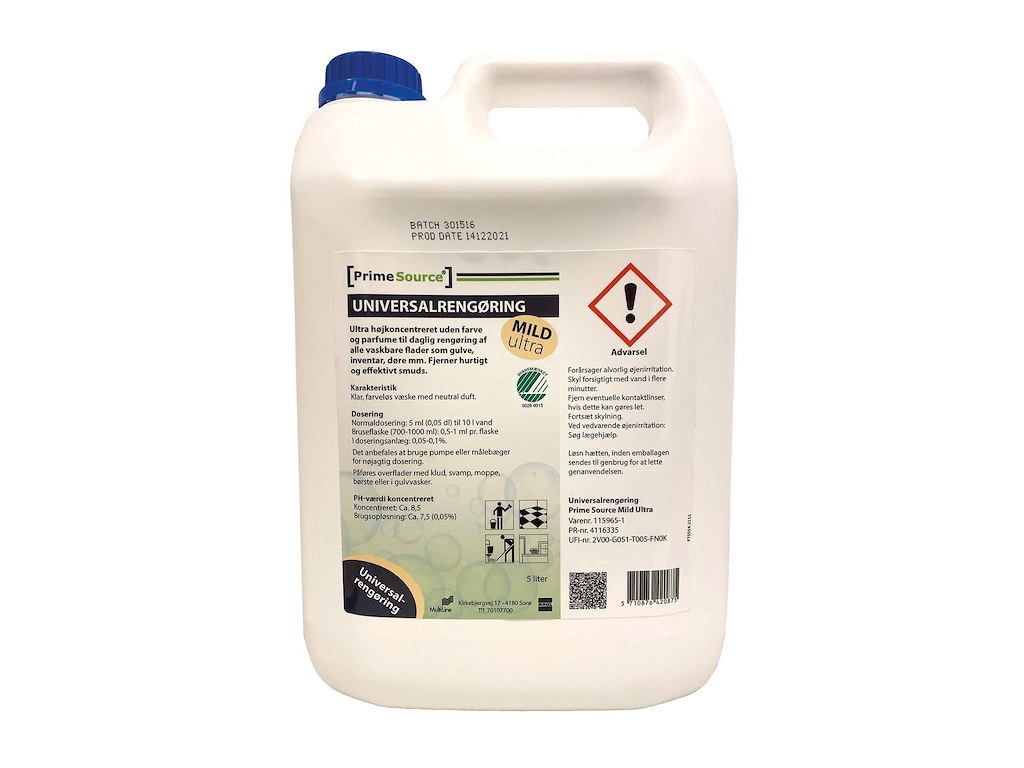 Universalrengøring Prime Source Mild Ultra 5ltr Svanemærket u. Parfume Højkonc.