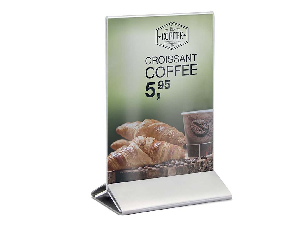 Skilt A6 Vertikalt Securit Akryl med fod af rustfri stål Klar