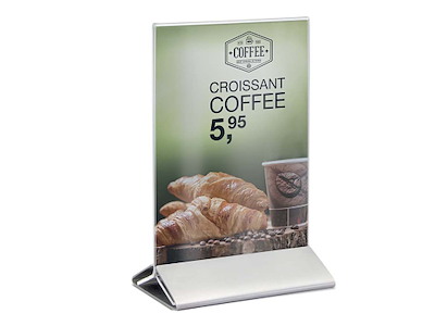 Skilt A6 Vertikalt Securit Akryl med fod af rustfri stål Klar