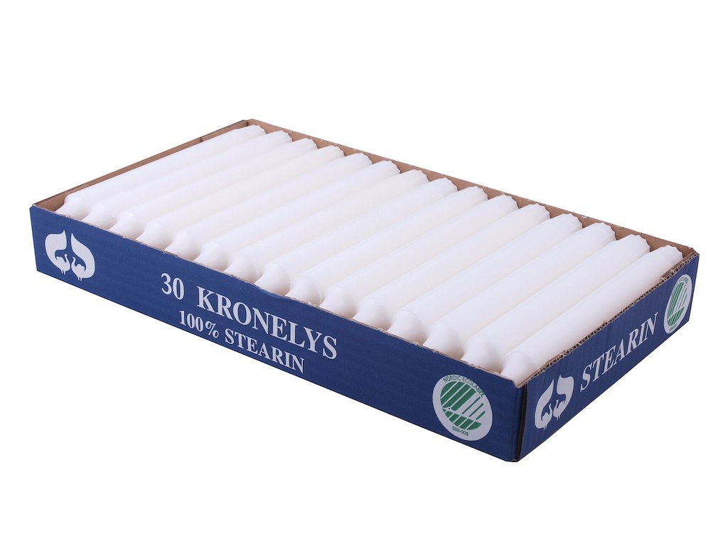 Kronelys Ø23xH200mm Brændetid 7 Timer Stearin Svanemærket Hvid