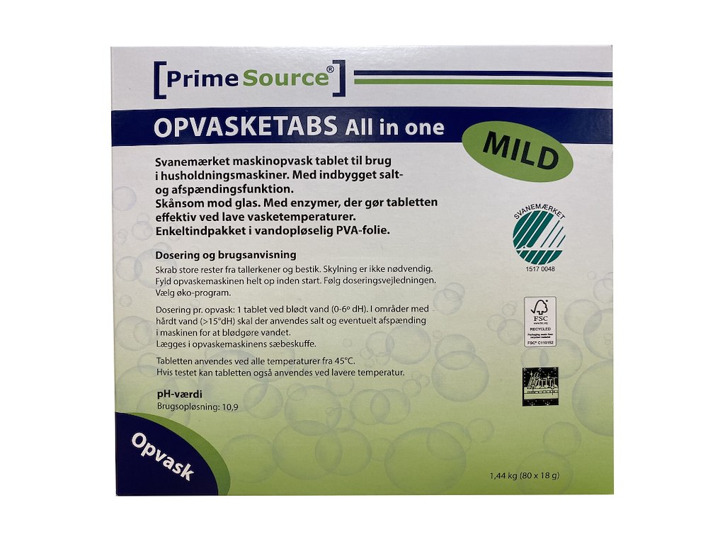 Maskinopvask Tabs Prime Source Mild All-In-One 80 stk Svanemærket Opløselig