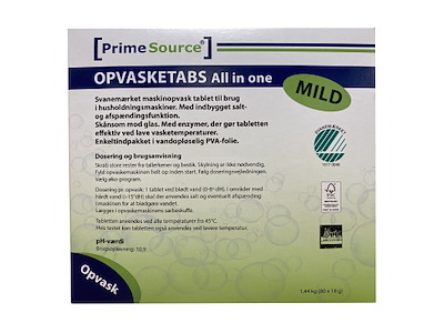 Maskinopvask Tabs Prime Source Mild All-In-One 80 stk Svanemærket Opløselig
