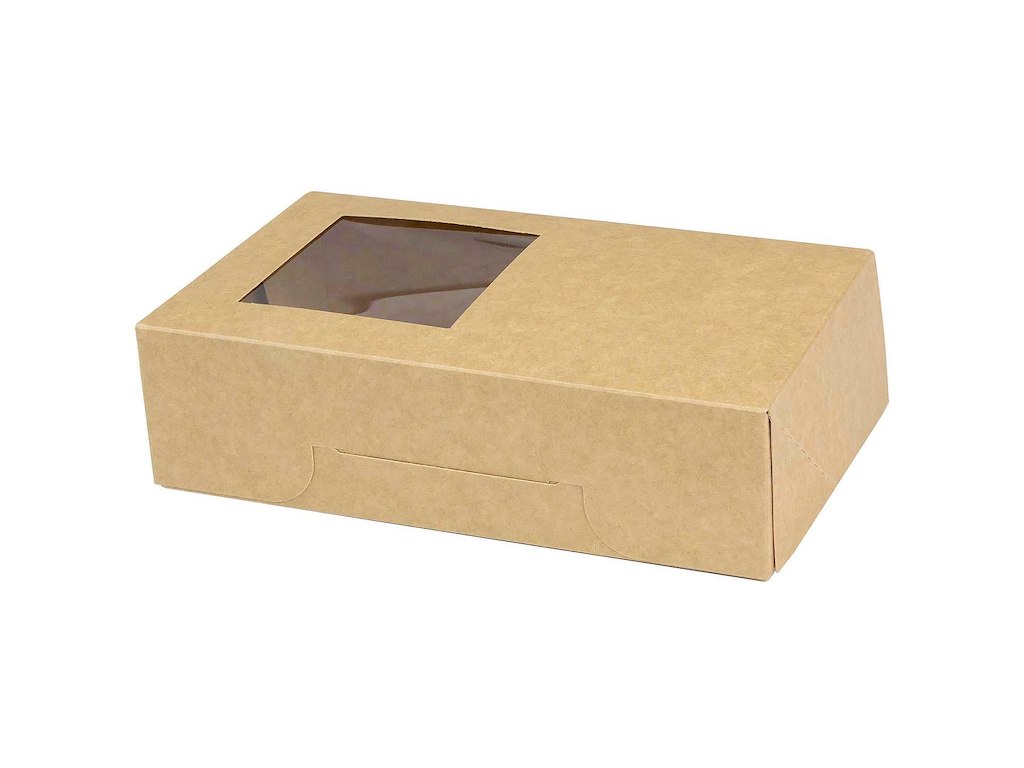 Kageæske/Sushiæske hængslet låg L180xB110xH50mm pap med PE og rude i siden brun