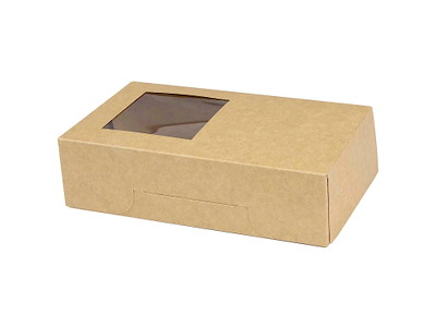 Kageæske/Sushiæske hængslet låg L180xB110xH50mm pap med PE og rude i siden brun