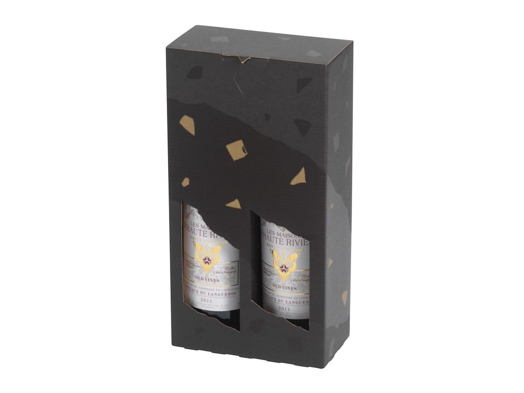 Vinkarton L16.4xB8.5xH36cm Pap med vindue sort til 2 flasker