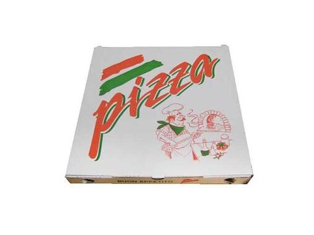 Pizzaæske 40x40x3 cm hvid med tryk Pizza Buon Appetito