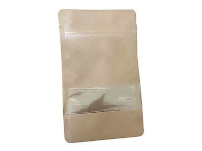 Doypack pose med vindue 500 ml 130x65x225 mm brun kraft med PET