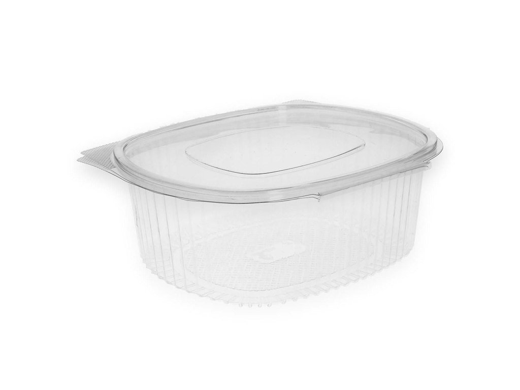 Plastbæger Verive 1000 ml oval hængslet låg 184x158x66 mm RPET Klar