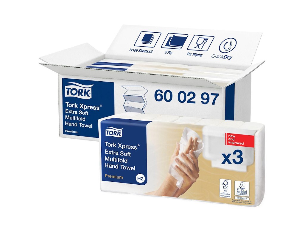 Håndklædeark Tork Premium H2 W-Fold 2-lag L34xB21.2xD8.5cm Nyfiber Hvid