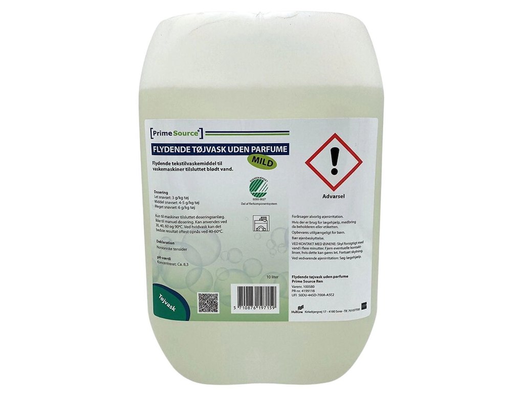 Tøjvask Flydende Prime Source Mild 10ltr Svanemærket uden Parfume/Optisk hvidt