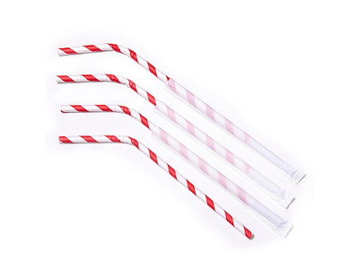 Sugerør Ø6x245 mm med knæk enkeltpakket Bionedbrydelig Papir Rødstribet