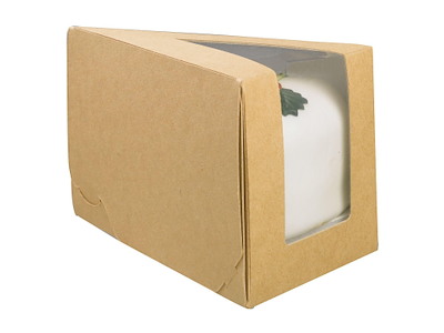 Kageæske hængslet låg trekant L144xB85xH90mm pap med rude i PLA brun/hvid