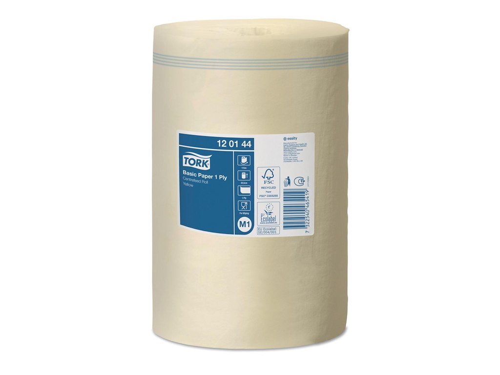 Håndklæderulle Tork Basic Mini M1 1-Lag Ø14xB20.5cmxL115m U/Hylse Gul Genbrug