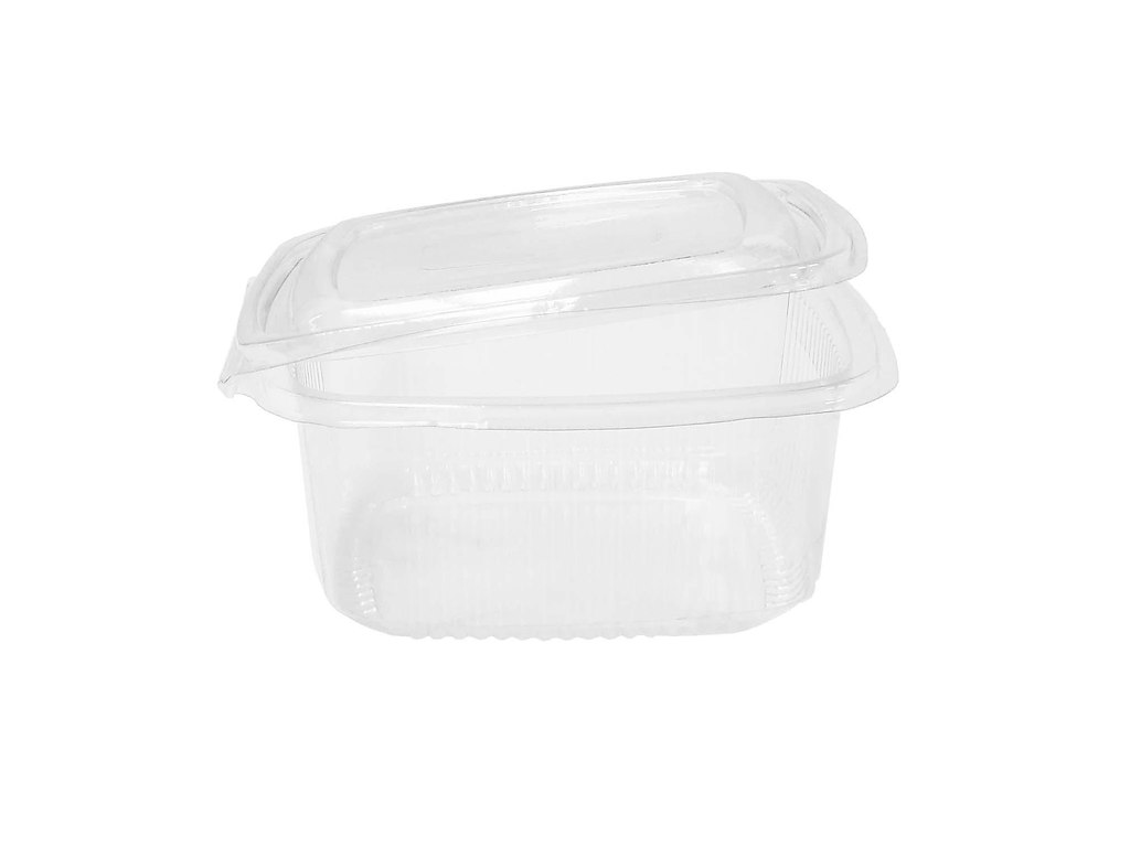 Plastbæger 1000 ml 170x170x80 mm firkantet hængslet låg RPET Klar