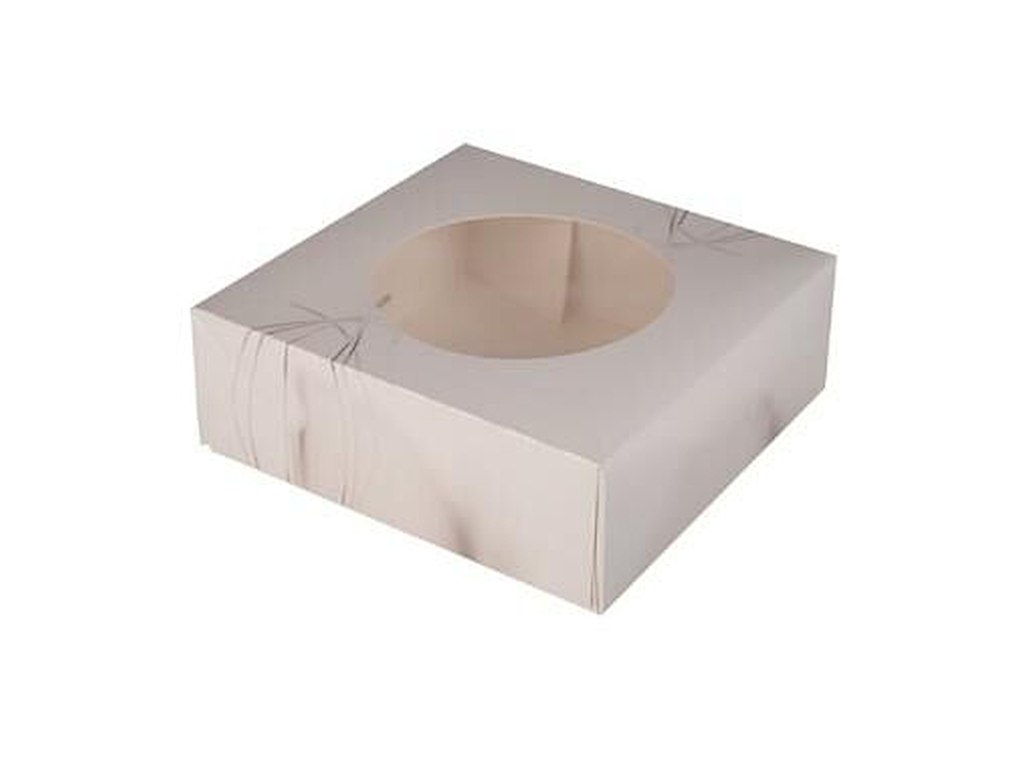 Kageæske hængslet låg S-Line L230xB230xH80mm pap med rude i PLA hvid/grå