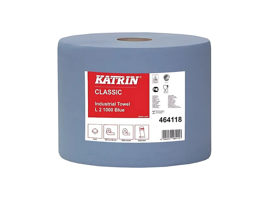 Aftørringsrulle Industri Katrin 2-lag ø29cm B22cmxL360m Genbrug Blå