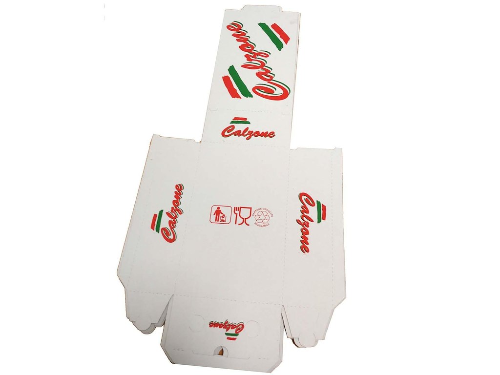 Pizzaæske 27x17x7 cm Calzone hvid med tryk Pizza Buon Appetito