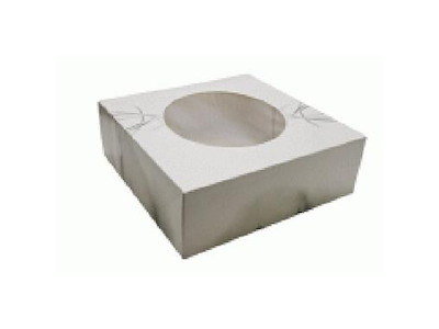 Kageæske hængslet låg S-Line L330xB330xH115mm pap med rude i PLA og åben front